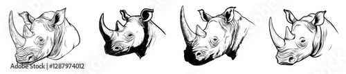 Angry black rhinoceros, a two-horned cartoon animal, serves as a mascot with a fierce expression and red eyes, set against the backdrop of the african savanna, ideal for safari tours, hunting clubs,