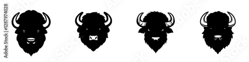 The head of a bison, characterized by its brown color and distinctive horns, represents a fierce wild mammal with a formidable muzzle, often symbolizing zoos, wildlife, and hunting clubs