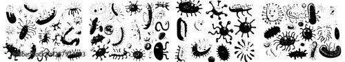 Cartoon bacteria, microbes, and viruses are depicted as cute germs with humorous faces, alongside smiling pathogens and microbe monsters