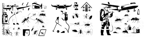 Modern men in protective suits and airplanes engaged in disinfection and pest control activities, including the isolated elimination of fleas, cockroaches, ants, ticks, wasps, and other bugs, often