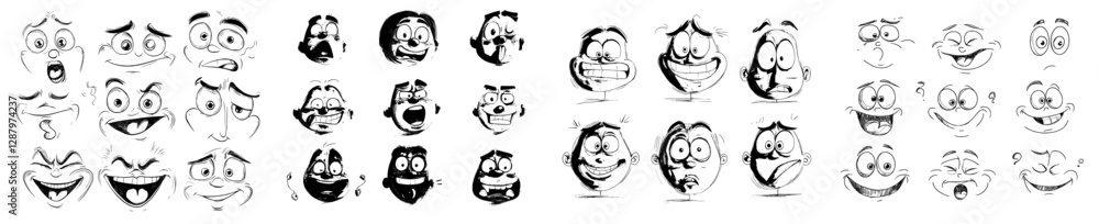 Fototapeta premium Modern icons of isolated face expressions include funny cartoon emojis that are satisfied, toothy, crazy, angry, laughing, and sad, as well as facial emoticons that convey upset, happy, and sad