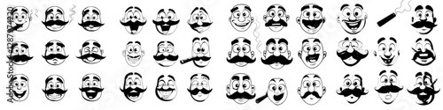 Modern icons of isolated face expressions include a cartoon emoji smoking a cigar, displaying emotions like sadness, happiness, fear, and winking, while wearing a monocle and mustache