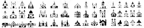 Catholic church buildings serve as modern icons, including isolated cathedrals, chapels, and monastery facades that showcase medieval and modern church designs