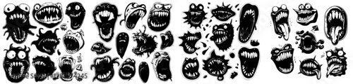 A modern Halloween horror holiday cartoon set features monster mouths with scary teeth and tongues of creepy alien beasts, devils, or zombies, along with spooky smiles of dracula vampires,