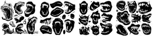 A modern cartoon set featuring Halloween monsters with mouths, teeth, and tongues, including scary devil and vampire smiles and crazy horror faces of alien beasts and angry zombies with sharp fangs,