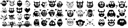 Modern icons of isolated face expressions include funny cartoon emojis that depict laughing and smiling, along with a range of other facial feelings such as kissing, happiness, and tongue-out