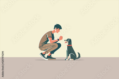 Illustration Friendship Between a Young Man and His Dog. Vector illustration.