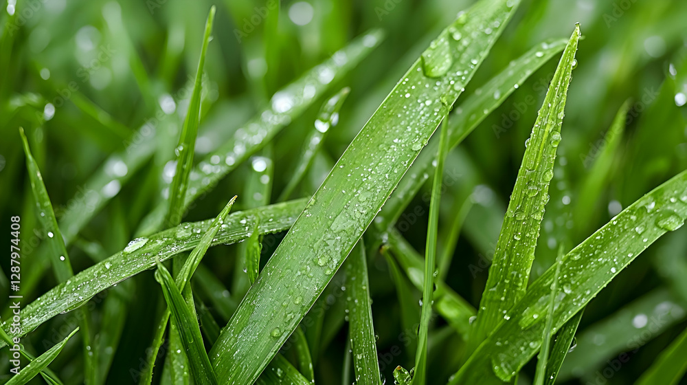 Obraz premium Close Up of Dew-Covered Green Grass Blades