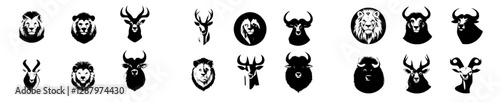 Cartoon modern wild animal head mounts on wooden boards of varying shapes, featuring a lion, wolf, grizzly bear, forest deer, mountain ram, african gazelle with horns, fox, and cape buffalo
