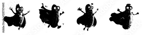 A cartoon cucumber is depicted as a modern superhero icon, symbolizing a funny and cheerful fairytale character made from a healthy vegetable, with the added persona of a vitamin superhero