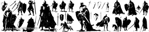 Medieval knights served as warrior mascots and heraldry characters in modern times, depicted as a knight in armor with a red cape and helmet featuring a ponytail, wielding two swords while riding an