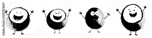 A whole coconut fruit enclosed in a hard shell is depicted as a humorous emoticon, shown as a flat cartoon character with a modern twist, representing an exotic food hero, complete with a smiling