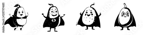 A cartoon character of a papaya fruit is depicted as a superhero, wearing a modern tropical fruit-themed costume and mask, embodying happiness and power