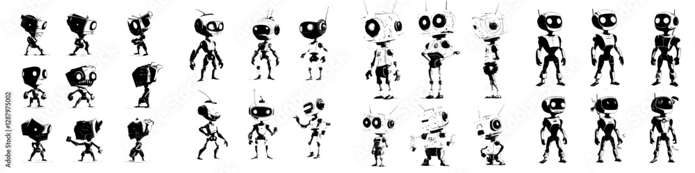 Fototapeta premium A robot collection featuring classic cartoon characters alongside contemporary female and male androids, including a charming modern android woman and cyborg men with humorous smiling faces, all