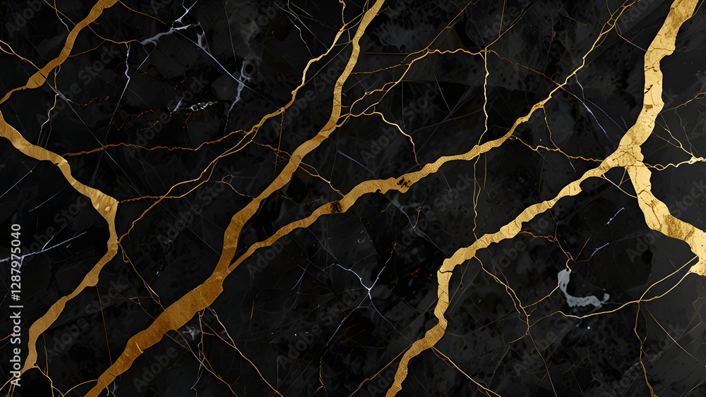 Generative AI illustration of black marble texture background with cracked gold details Generative AI illustration of black marble texture background with cracked gold details