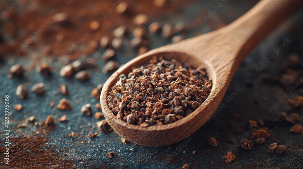 Dry clove spice on a wooden spoon close up. Spicy spice of cloves. Dry spice cloves. Dry clove spice on a wooden spoon close up. Spicy spice of cloves. Dry spice cloves.