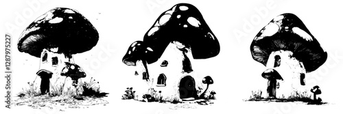 A whimsical fairy mushroom abode and gnome residence, featuring a modern fly agaric cartoon structure, a fairytale elf home with a wooden door, windows, and a steaming pipe on the roof, situated on a
