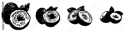 The passion fruit is a modern and fresh tropical plant, depicted as a whole and half passionfruit, or maracuya, a natural exotic fruit with a green leaf and juicy yellow pulp and seeds, representing