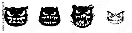 A modern cartoon icon of a monster face is depicted with a grumpy demeanor, showcasing sad emotions through its frowned eyes and mouth, complete with protruding fangs, isolated on a white background