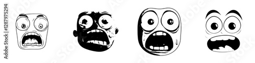 A modern cartoon face icon depicting surprise, fear, or worry, characterized by wide, gaping eyes and an open mouth, symbolizing scared emotions on a plain white background