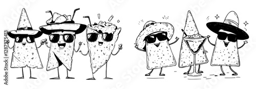 The vibrant culture of modern Mexico is depicted through cartoon food characters relishing nachos chips and sombreros, whether on leisurely fiestas or summer vacations, where guacamole and cocktails