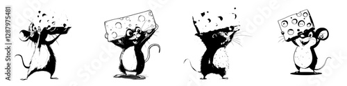 A modern, cartoonish grey mouse, depicted as a cute rodent, is shown carrying cheese to its hole, embodying a funny little character, typically viewed as a domestic pest, but with a happy smile while