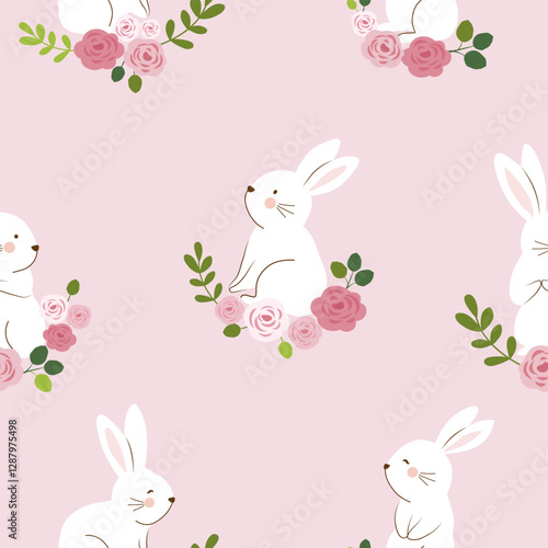 rabbits sitting  on rose branches   seamless pattern , vector , illustration