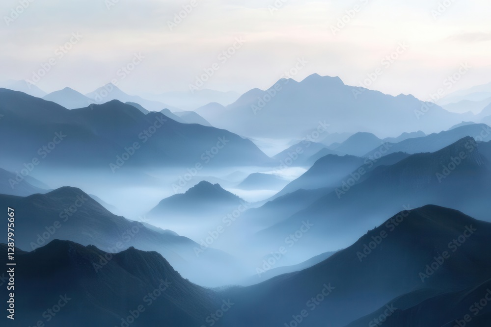 Obraz premium ethereal mountain landscape at dawn with layers of mist flowing between peaks, captured in muted tones and soft morning light