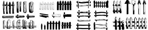 A modern set of cartoon wooden fencing is suitable for gardens or farms, featuring palisades, gates, or balustrades with pickets