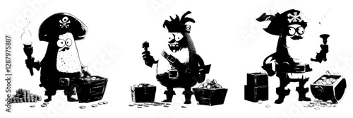 A cartoon character of a vegetable marrow squash is depicted as a pirate corsair emoticon, isolated and humorous, holding a torch alongside a chest of drawers overflowing with treasures,