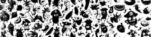 A seamless pattern featuring cartoon fruit pirates and corsairs is set against a modern background, showcasing humorous tropical fruits