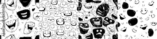 A seamless pattern featuring cheerful, happy, and surprised funny faces is available, suitable for comical wallpaper or modern backgrounds, as well as textile prints with happy smiling faces, and