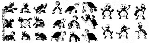 Cute tortoise animal characters and cartoon turtle personages are illustrated as funny little modern turtles that smile, sleep, hatch from eggs, walk, and swim, highlighting their friendly nature as