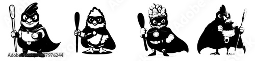 A comical, masked superhero character in the form of a chicken leg, complete with cape and staff, serves as a defender and happy mascot for a fast food cafe or restaurant