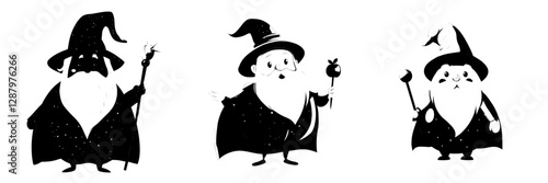 The image features a cartoon red apple fruit wizard or magician, alongside a modern necromancer personage wielding a magic staff, a humorous green-caped wizard with a white beard and a cheerful