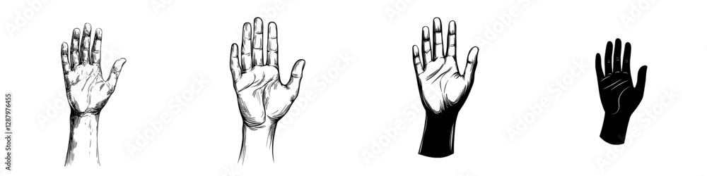A cartoon hand with five fingers is depicted in a high-five gesture, showcasing an open palm, either in a glove or not, symbolizing modern signs for prevention, prohibition, warning, or stop, as well A cartoon hand with five fingers is depicted in a high-five gesture, showcasing an open palm, either in a glove or not, symbolizing modern signs for prevention, prohibition, warning, or stop, as well