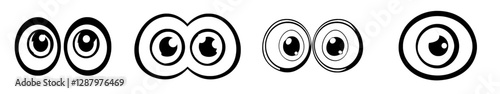 A modern comic emoticon icon, such as a face, cartoon eye character, or smile, represents a big eyes or doodle googly facial expression emoji with a wide open look or stare