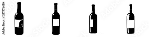 A modern, isolated wine bottle icon is depicted as a glass flask containing red liquid, accompanied by an empty label and a corkwood bung, all set against a white background, serving as a cartoon