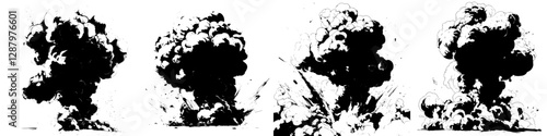 The isolated icon of a nuclear bomb is depicted through cartoonish boom effects and explosive destruction, accompanied by a modern fiery cloud and a burst of explosive force