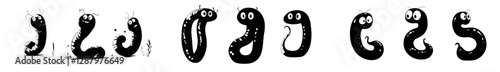 A cartoon depiction of a humorous worm, alongside an animation of an earthworm crawling, forms a modern sequence of frames showcasing the movement of a soil compost insect, featuring a pink wildlife