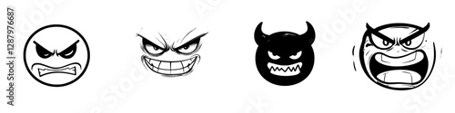 A cartoonish face of a villain, depicted with a modern laughing emoji that has angry eyes and a toothy, laughing mouth, conveying negative emotions and humorous feelings on a white background