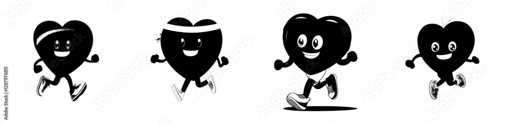 Obraz premium A cartoon character of a running heart wearing a fitness tracker, depicted as a modern athlete with the heart organ in a headband and sneakers, monitoring pulse during sports exercises or a marathon