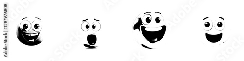 A cheerful cartoon face with a modern and wide smile is isolated, showcasing a glad and toothy grin with round, goggle-like eyes on a white background, symbolizing joy and happiness