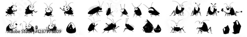 A funny pest bug is represented as a scared cockroach, a modern isolated personage, a cheerful trash-eating insect, and a smiling running cockroach with an aluminium can that dies from pesticides