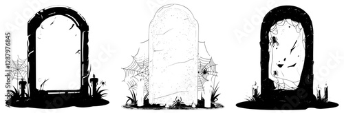 The image depicts a modern frame with a creepy Halloween background, complete with a gravestone, isolated cemetery, and spooky spider webs