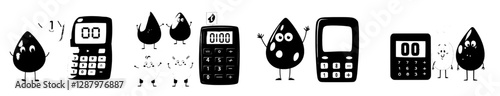 A cartoon character representing diabetes is depicted with a glucometer measuring blood sugar levels from smiling and sad blood drops