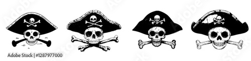 A cartoon pirate captain's tricorn cocked hat is a modern seafarer headdress featuring a jolly roger with a skull and crossbones, isolated as buccaneer headgear with a sailor cap and red headband for