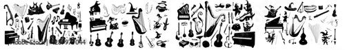 Characters including a cartoon musical instrument wizard, warlock, fairy, witch, magician, and sorcerer, along with modern instruments like the violin, guitar, harp, grand piano, saxophone, trumpet,
