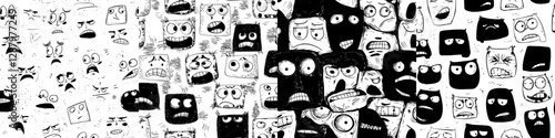 A seamless pattern of cartoon faces displaying anger and sadness, set against a modern background featuring disgruntled emojis, complaining characters with menacing eyes and shouting mouths