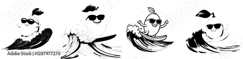 A modern, yellow citrus character, reminiscent of a lemon, is depicted riding a large wave on a surfboard while wearing sunglasses and displaying a happy smile, embodying the thrill and adventure of